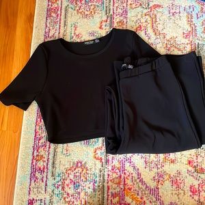 Black crop tee and high wasted pants set